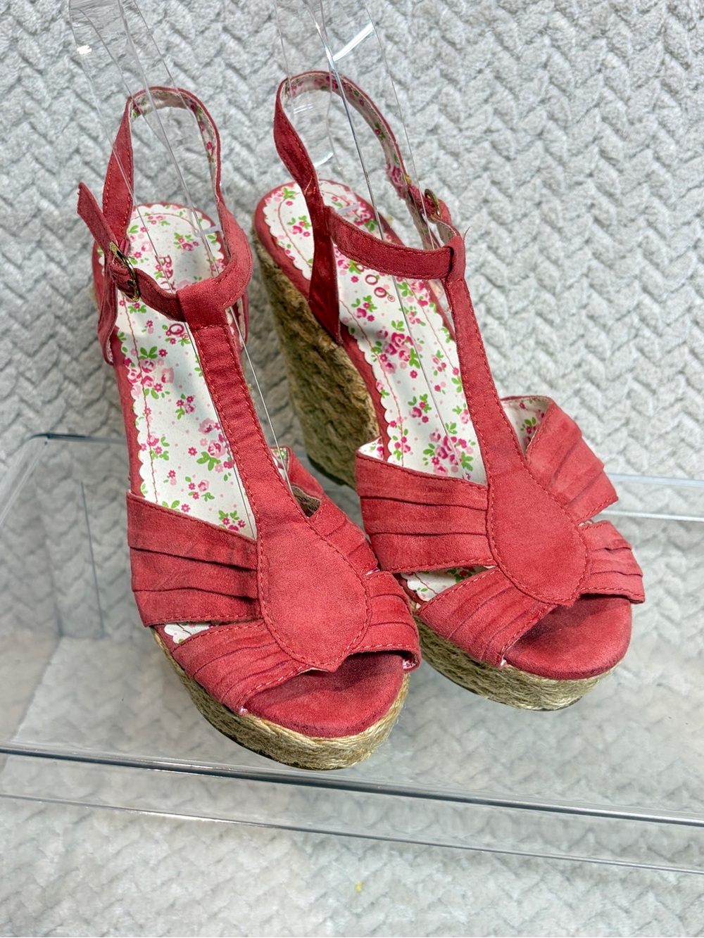 Bamboo Coral Red Espadrille Wedge Sandals 6 Floral T-Strap Cottagecore Y2K